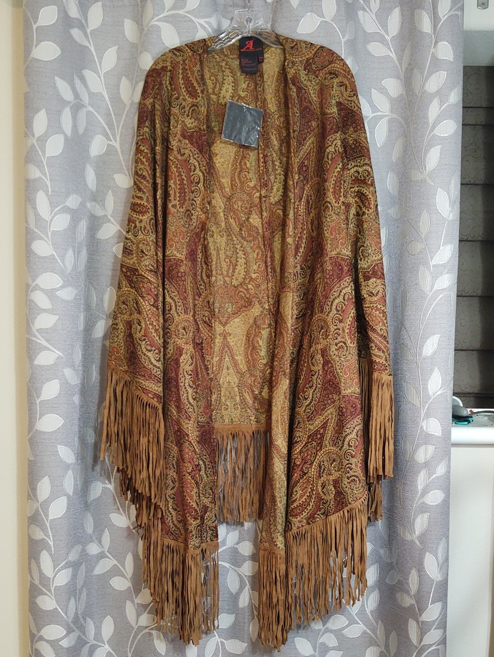 Adrienne Landau Leather Fringed Paisley Shawl Jacket in Brown and Gold size OS